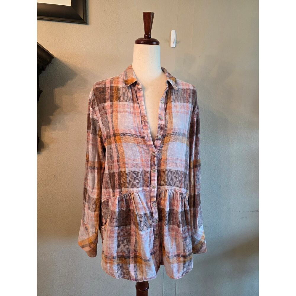 Free People Women's Plaid Flannel Button Down Top Pockets SZ Small Oversized - Picture 2 of 10